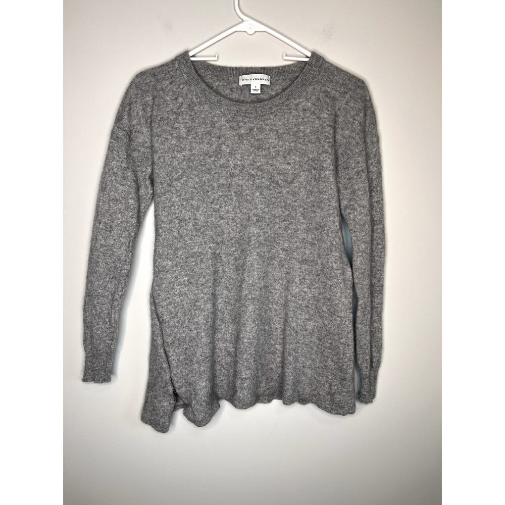 White + Warren Gray Minimalist Cashmere Old Money Soft Side Zipper Sweater S